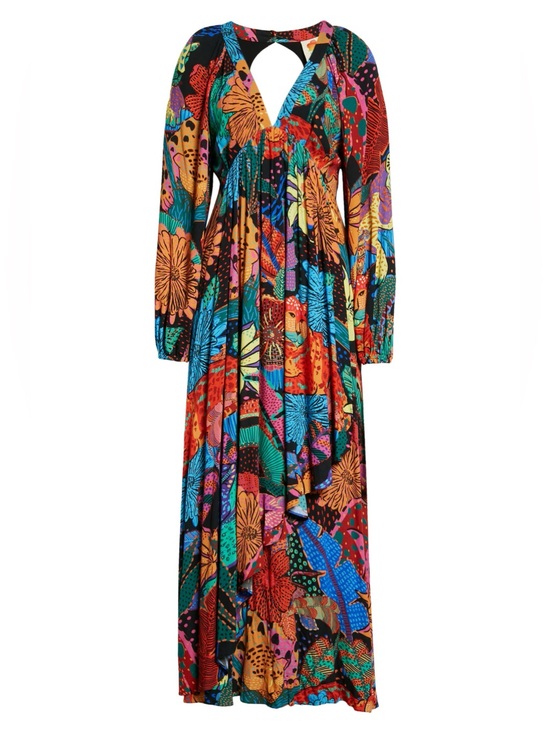 FARM Rio Dresses & Skirts - Farm Rio Women's Large Long Sleeve Maxi Dress Tropical Cheetah Open Back V Neck